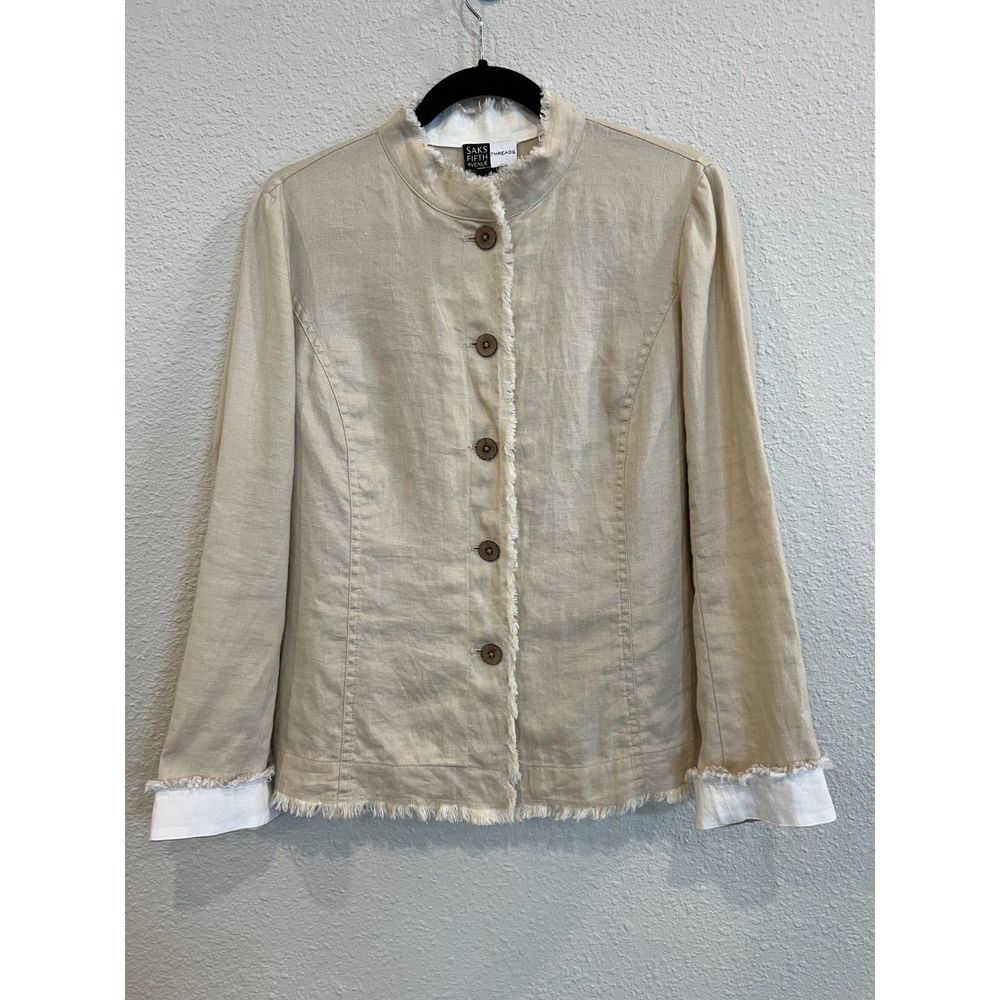 Saks Fifth Avenue Linen Tan Blazer Fringe Size 4 a996